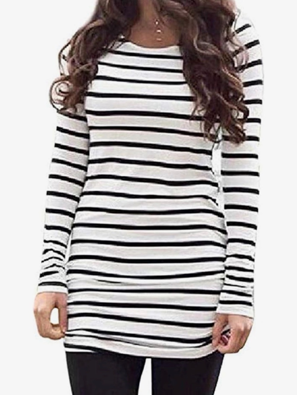 Women’s Long Sleeve Striped Tunic Dress - White/Black